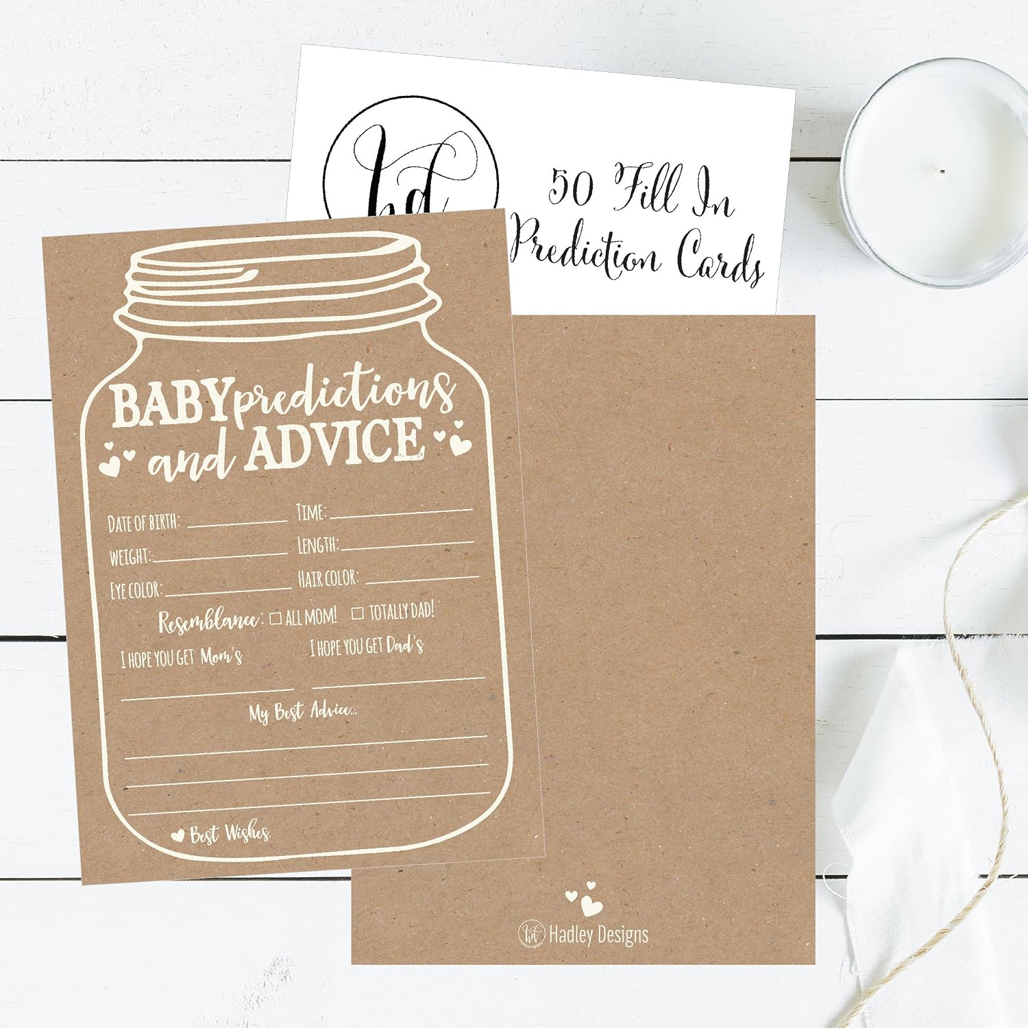 Hadley Designs Baby Shower Games for 25 Guests - Kraft Prediction Cards for Baby Shower Advice Cards for New Parents, Boy Girl Gender Neutral Mason Jar Gender Reveal Games, Made in USA