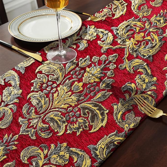 Burgundy Chenille Table Runner Embellished Jacquard with Gold Flower 13"x98" Christmas Deluxe Decor