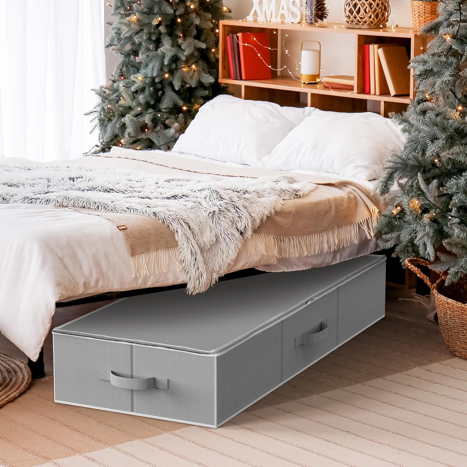 Simple Houseware 41.5" Wrapping Paper Storage Organizer - Fits 40 Rolls with Adjustable Straps, Interior Divider for Ribbons & Bows, 3 Clear Pockets for Gift Bags & Tools, 41.5''L x 16''W, Gray