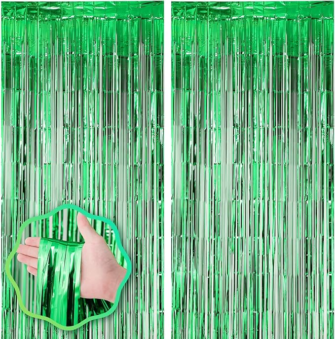 2 Pack Green Foil Fringe Backdrop Curtains, Tinsel Streamers Birthday Party Decorations, Fringe Backdrop for Graduation, Baby Shower, Gender Reveal, Disco Party