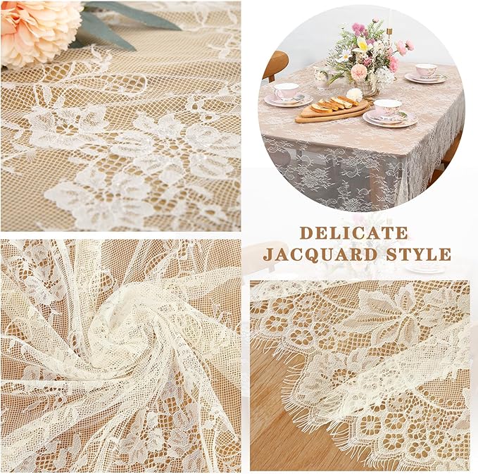 LuoluoHouse Pack of 6 Lace Tablecloth Ivory Table Fabric 60x120 Inch for Rustic Boho Wedding Bridal Shower Party Decorations Rectangle Overlay Long Vintage Embroidered Reception Table Cloth Decor