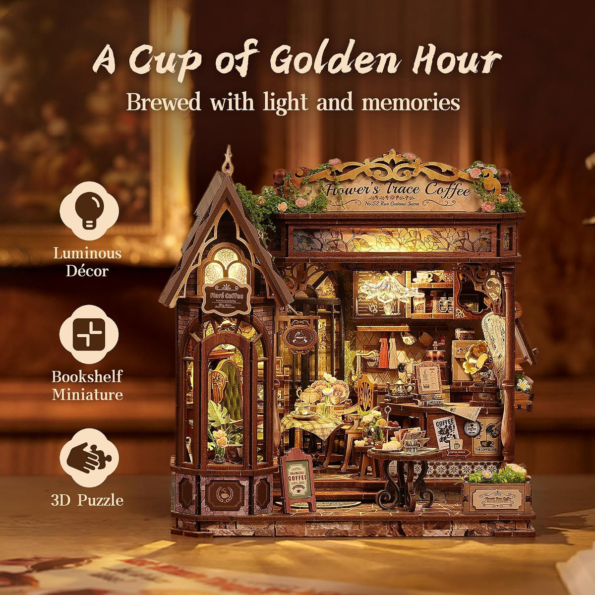 funpola floral mark café diy miniature dollhouse, 3d, package contents