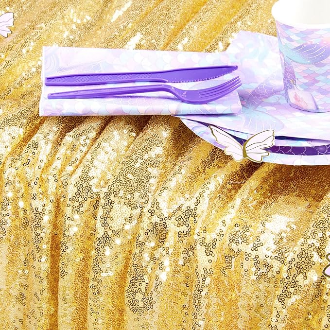 QueenDream Sequin Tablecloth - Gold Tablecloth 50x80 Inch Glitter Table Cloth Sequin Party Fabric for Birthday Birdal Baby Shower Wedding