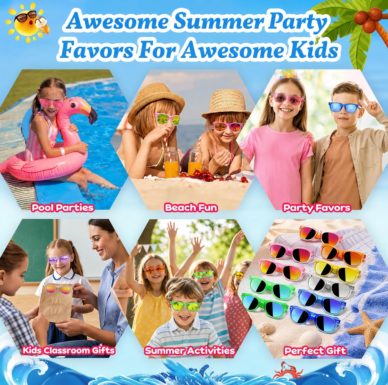Froman Kids Sunglasses Bulk - Party Favors for Boys Girls Ages 3-8, Neon Colors with UV 400 Protection