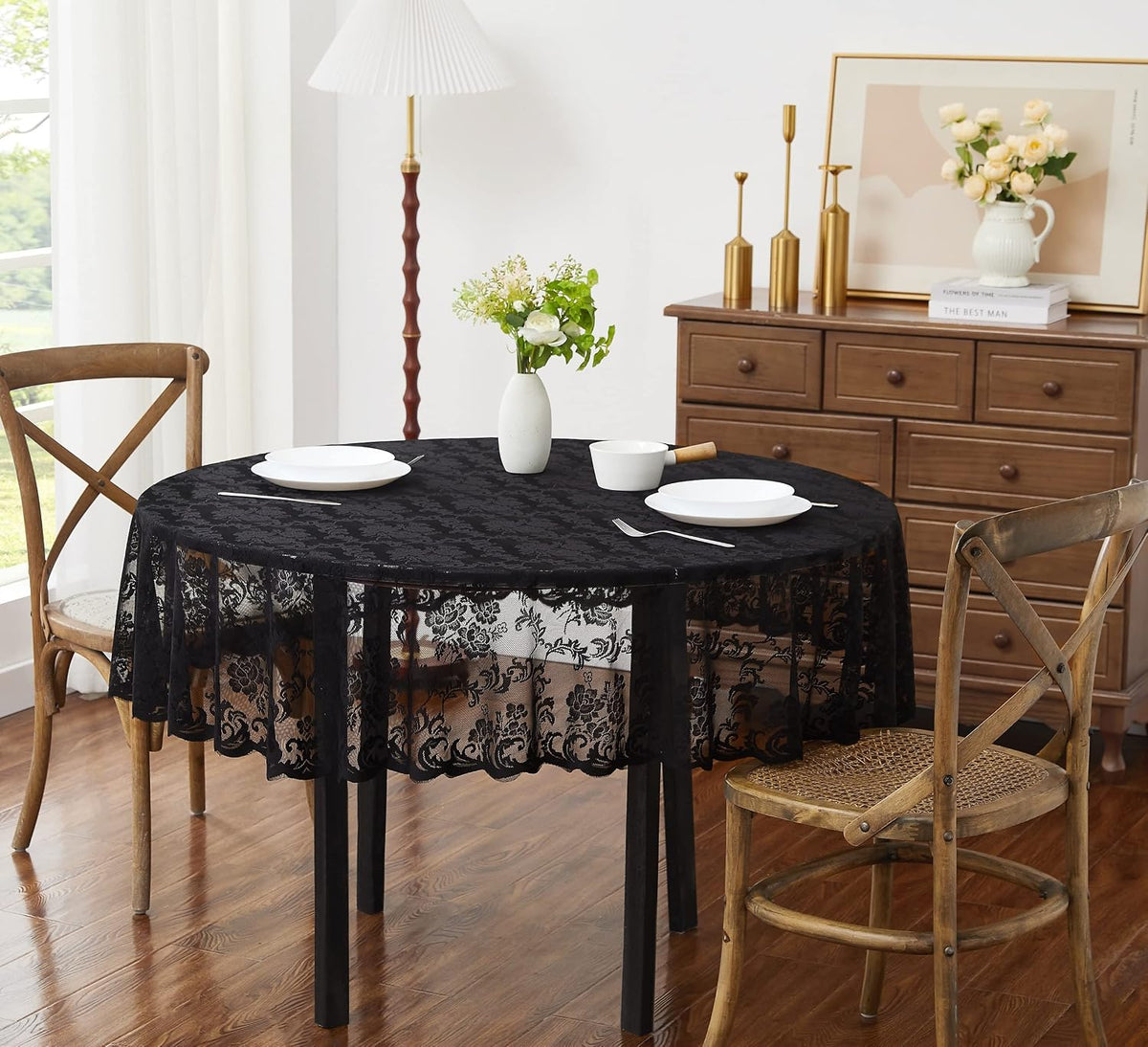 LinenZone 120 Inch Vintage Black Round Tablecloth. (Mia 120 Round, Black)