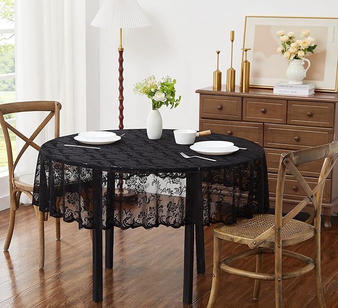 LinenZone Black Round Tablecloth for Rustic Vintage Decor. Sheer Lace Tablecloth Works Great As Wedding, Thanksgiving or Christmas Decor (Mia 48 Round, Black)