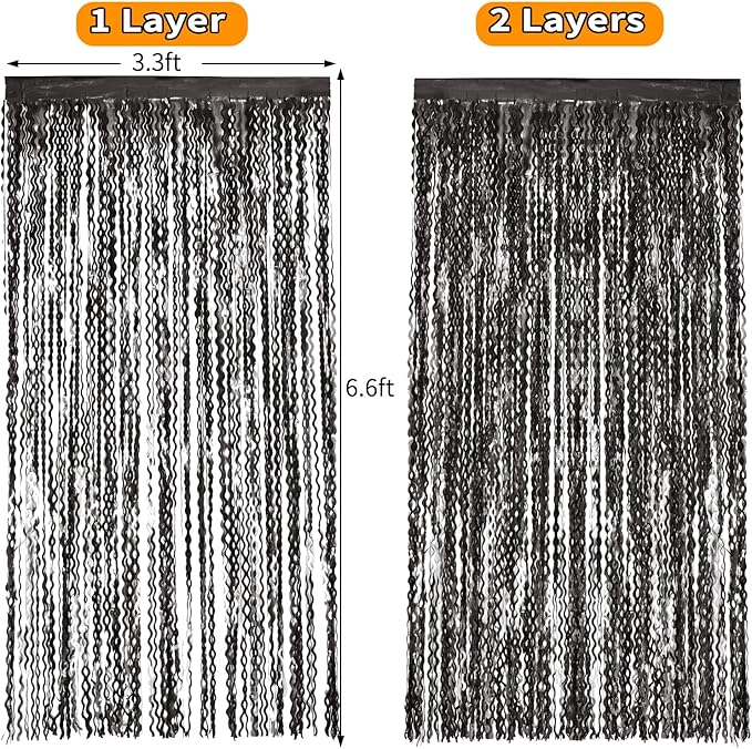 Black Foil Fringe Curtains Party Decorations - 4 Pack 3.3 ft x 6.6 ft Foil Party Curtain Streamer Backdrop for Halloween | Graduation | Fiesta Birthday Decor