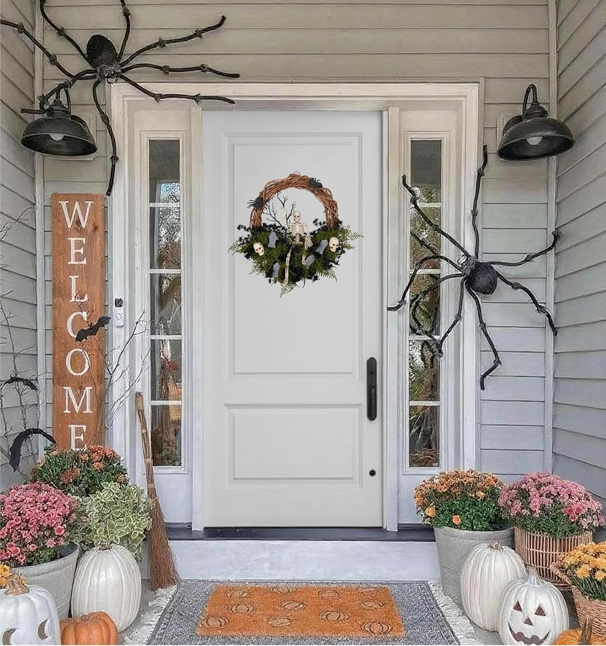 20" Halloween Wreath for Front Door - Halloween Skeleton Skull Wreath De...
