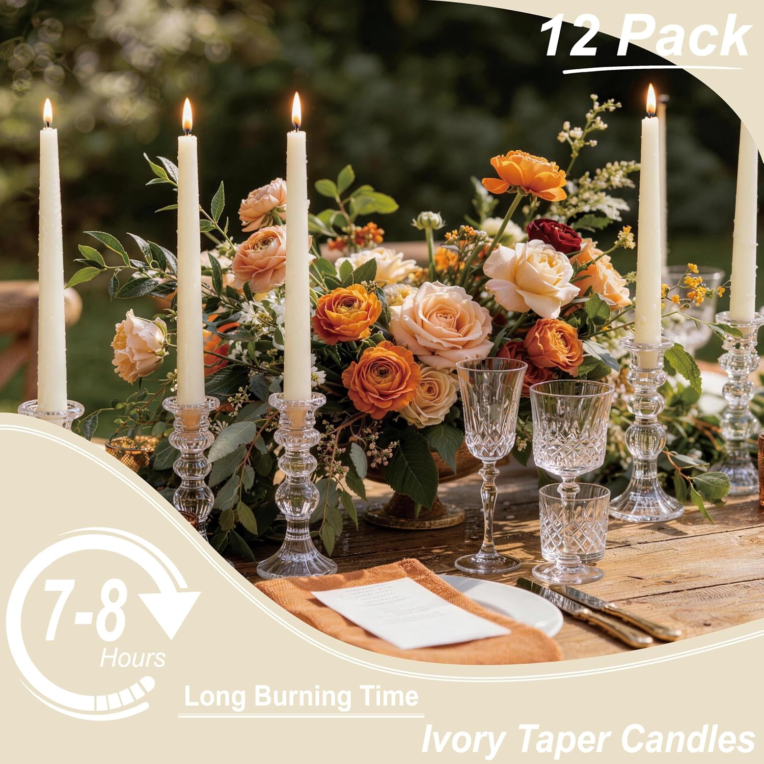 10-Inch Ivory Taper Candles - Dripless Smokeless Tapered Candle Cream Unscented Candlesticks Paraffin Wax Long Slow Burning Tall Candle Sticks for Dinner Business Wedding Restaurants 12 Pack