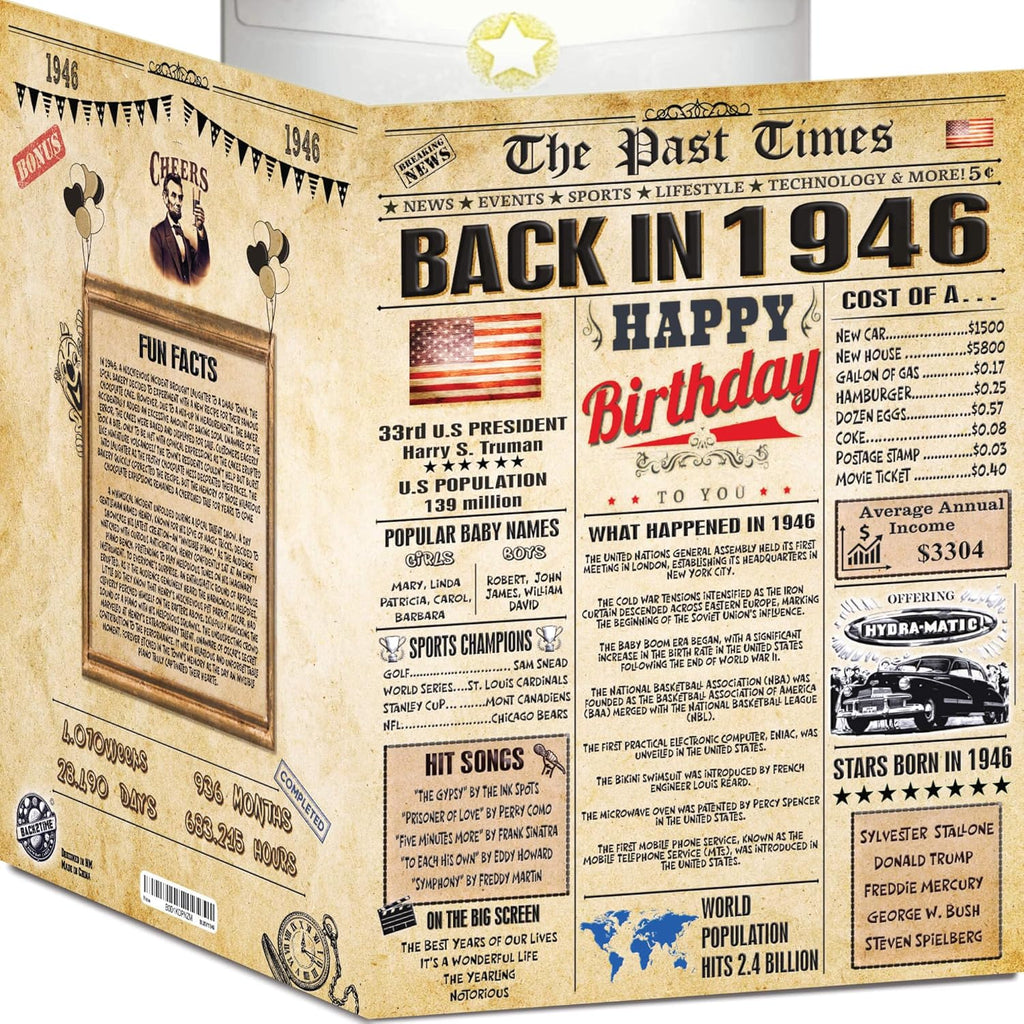 Back2Time 80th Birthday Cards for Men & Women - Back In 1946 Newspaper (Bday Card + Envelope) Large HAPPY BIRTHDAY Decorations for Her Him Vintage Funny card for Wife Husband & Grandparents 80 years