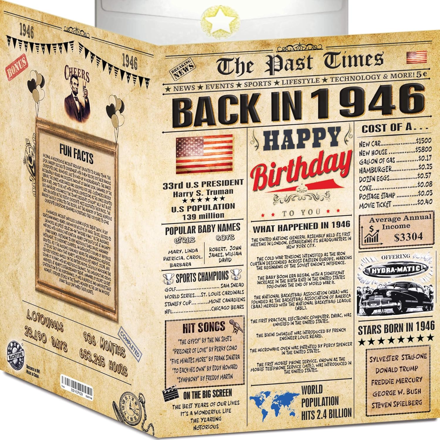Back2Time 80th Birthday Cards for Men & Women - Back In 1946 Newspaper (Bday Card + Envelope) Large HAPPY BIRTHDAY Decorations for Her Him Vintage Funny card for Wife Husband & Grandparents 80 years