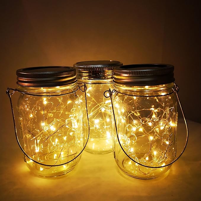Solar Mason Jar Lights,4 Pack 30 Led Starry Fairy String Hanging Jar Lights,Solar Lanterns for Outdoor Patio Party Garden Wedding Halloween Christmas Projector Decor Light(Mason Jars/Handles Included)