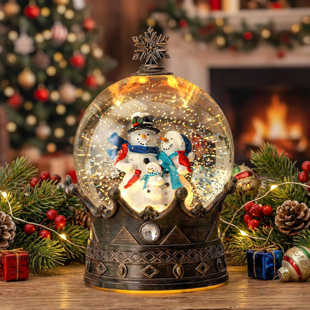 Snow Globe Lighted Christmas Decorations, Snowman Family Musical Crown Snow Globe Lantern with Swirling Glitter, Christmas Holiday Party Gifts and Decorations