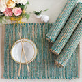Chardin Home Natural Jute & Aqua Turquoise Placemats, Set of 4 – Rustic Handmade Boho Table Mats, 13x19 in Dining Table Placemats - Kitchen, Everyday Meals, Holidays, Farmhouse or Modern Table Décor