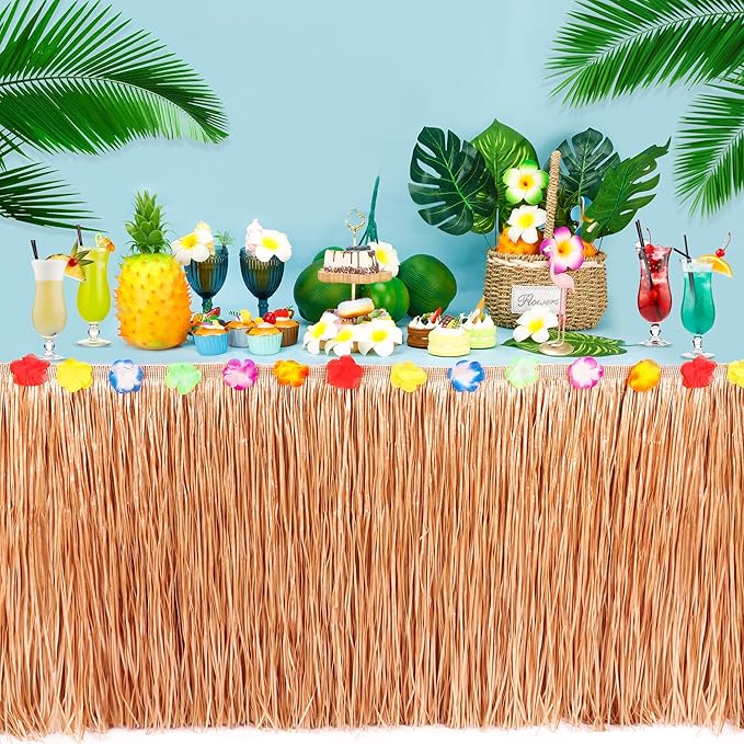 4PCS Hawaiian Table Skirt Decor, Luau Themed Grass Table Skirt Party Decorations, 108 X 29.5" Flower Tropical Hula Dance Parties Supplies, Table Skirt Bulk for Summer Beach Themed Activities