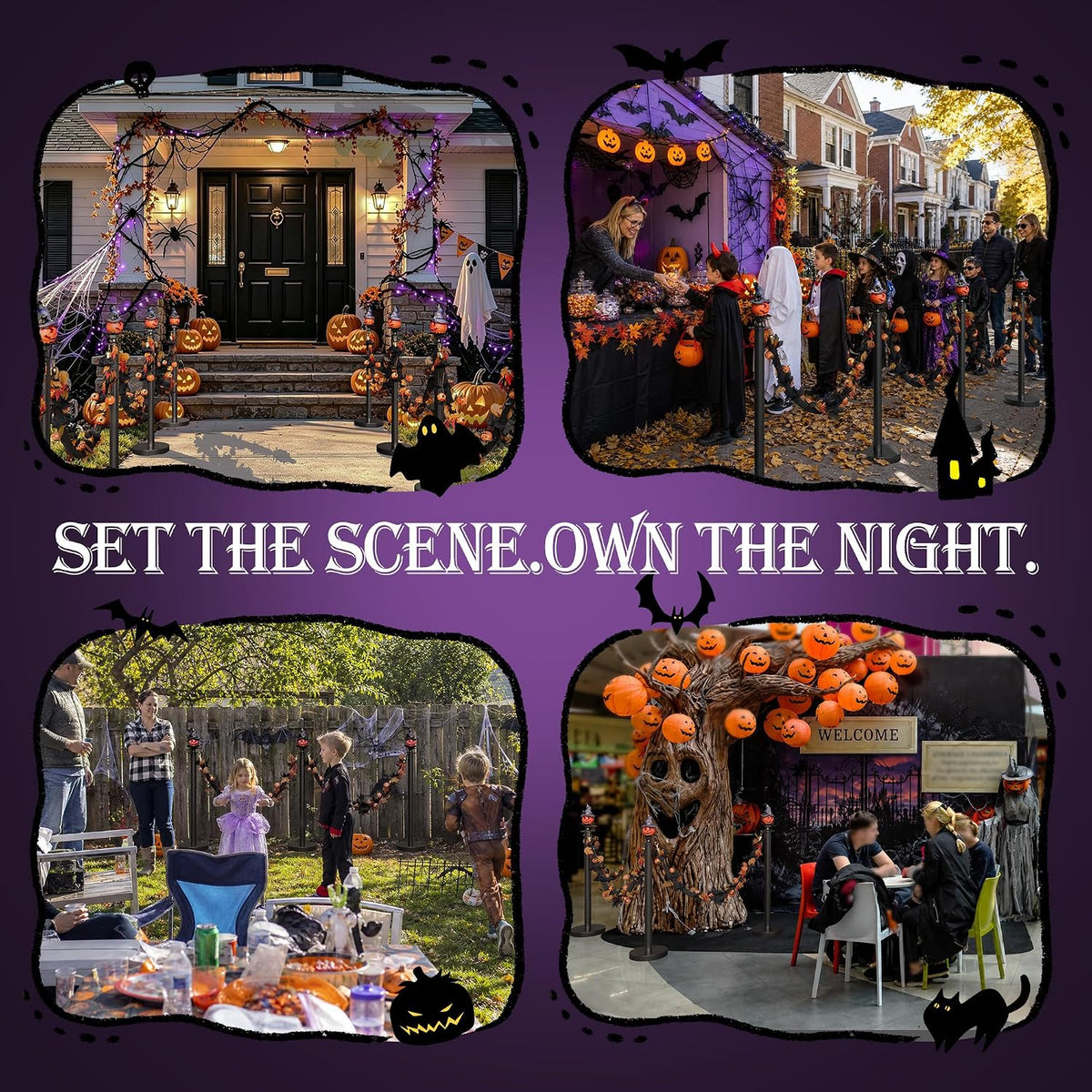 6 Pack Halloween Hat Pumpkin Head Black Stanchions and Velvet Ropes Set, Stai...