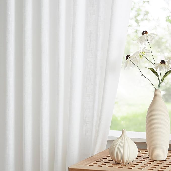 Vision Home White Pinch Pleated Semi Sheer Curtains Textured Light Filtering Window Curtains 112 inch for Living Room Bedroom Rayon Blended Pinch Pleat Drapes with Hooks 2 Panels 40" Wx112 L