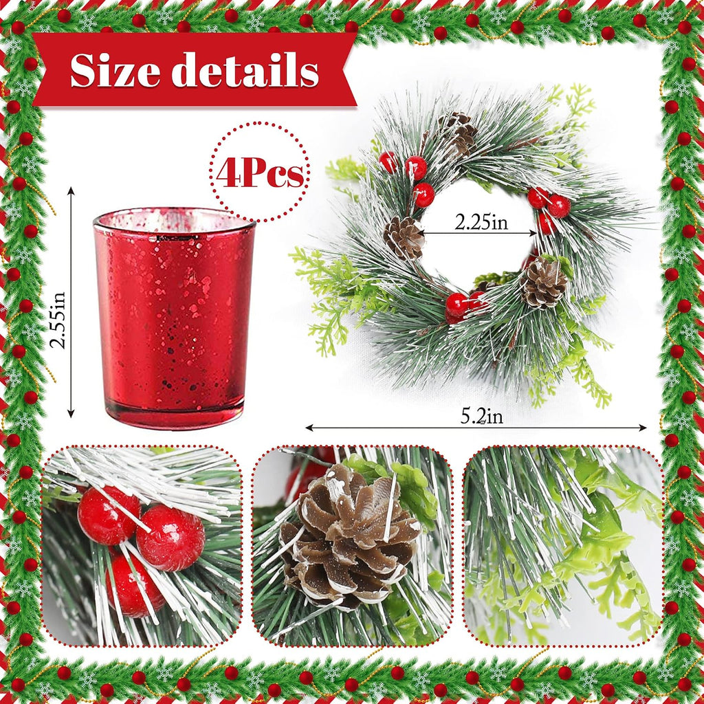 Christmas Candle Ring, 4 Pcs Votive Candle with Red Berry Pinecone, Xmas Ring Candle for Table Centerpiece Decoration Wedding Holiday,Red