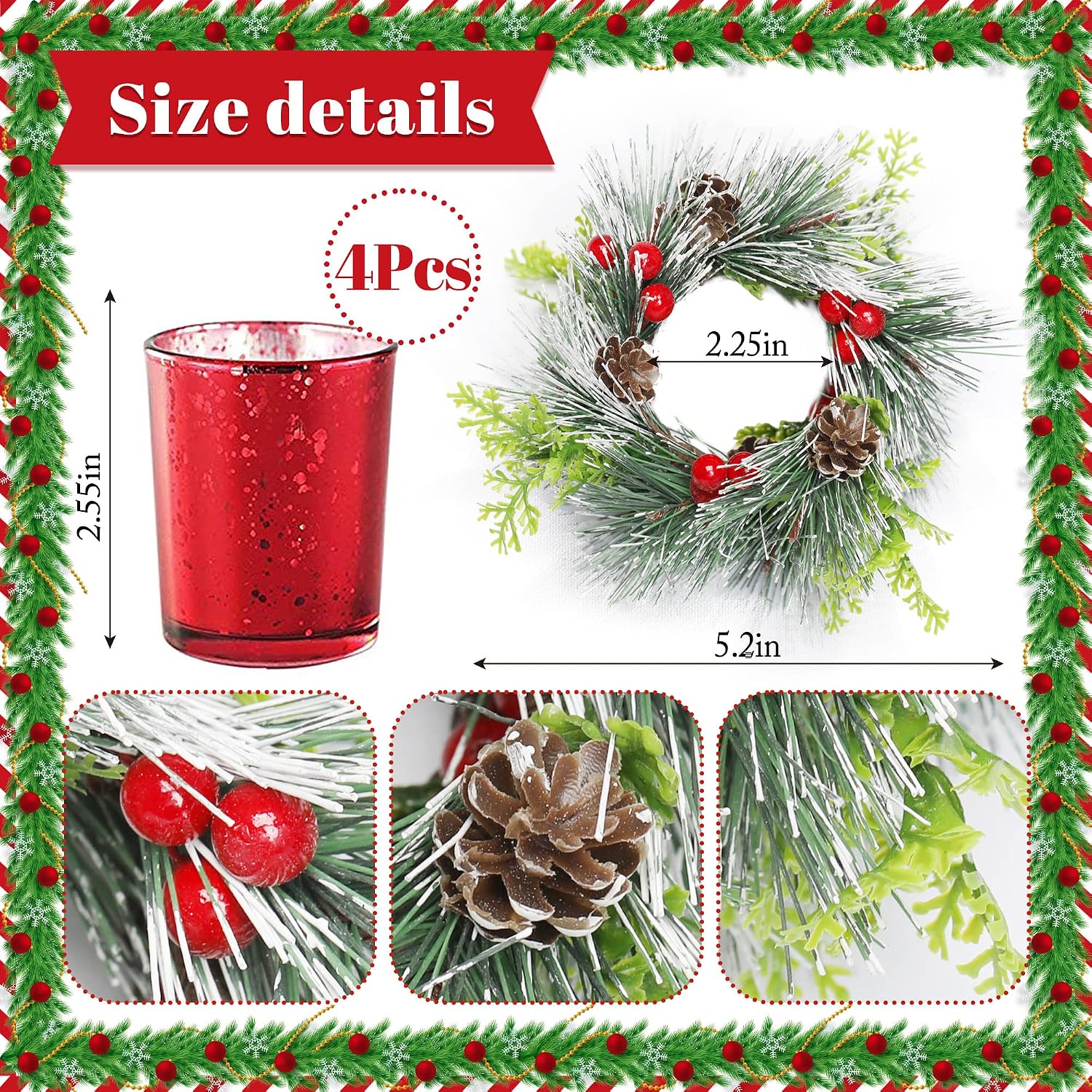Christmas Candle Ring, 4 Pcs Votive Candle with Red Berry Pinecone, Xmas Ring Candle for Table Centerpiece Decoration Wedding Holiday,Red