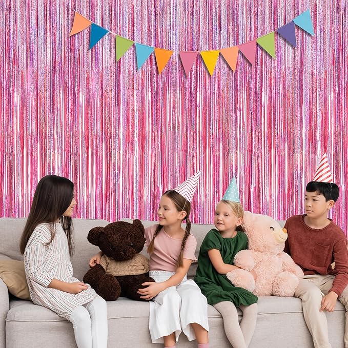 8 Pack Pink Backdrop, 3.28 FT x 7.05 FT Fringe Curtains, Metallic Glitter Pink Fringe Party Streamer Foil Curtains Tinsel Backdrop, Pink Decorations Bachelorette Party Supplies Birthday Decor