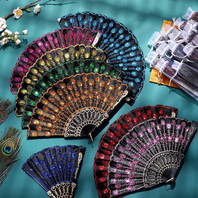 Geetery 30 Pcs Folding Hand Fan for Line Dancing Spanish Boots on The Ground Fans Gifts Bulk Colorful Silk Popping Rave for Women Tea Party Wedding Church Halloween Costume(Embroidery,Vintage Colors)