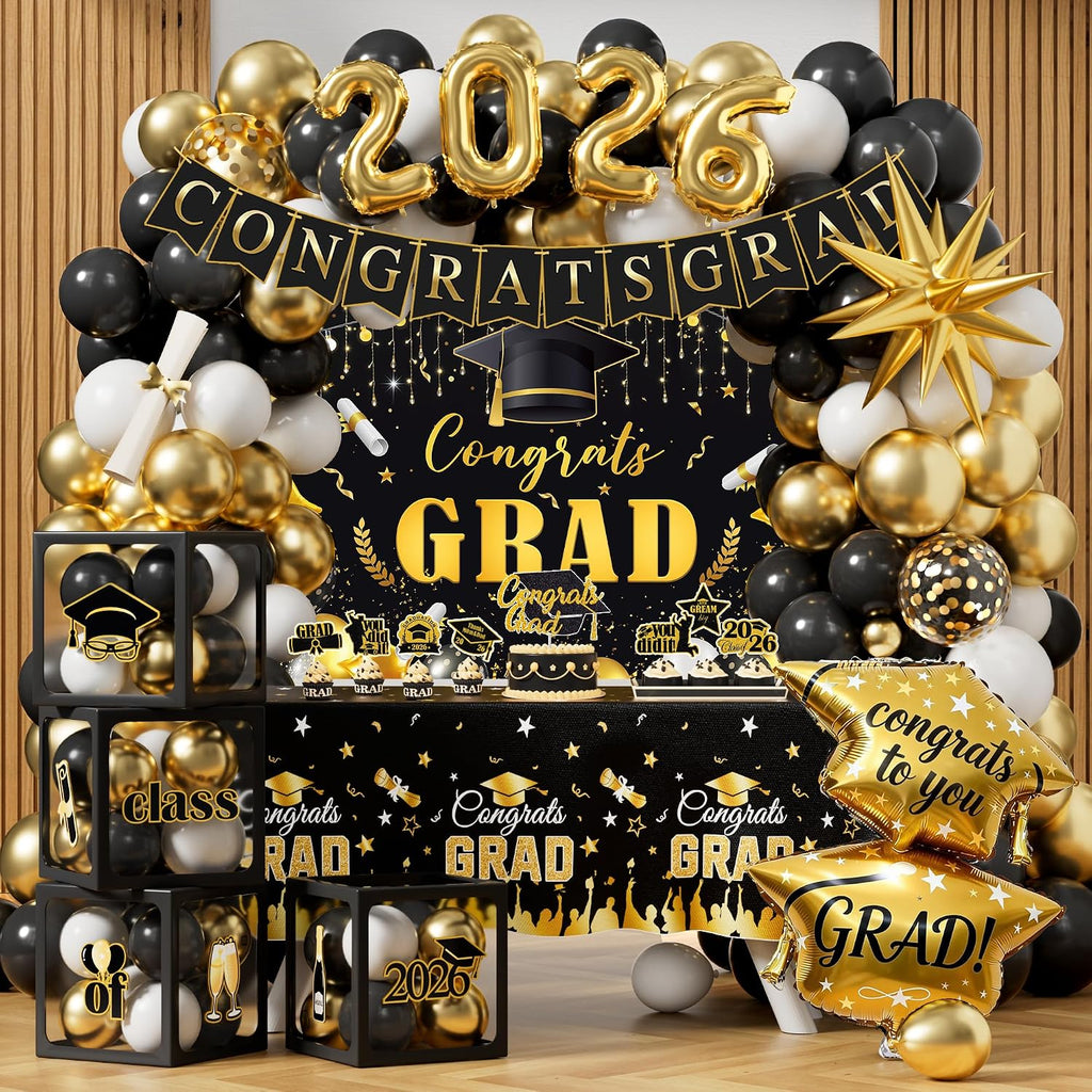 graduation party decorations 2026 kit, black gold congrats, main product view