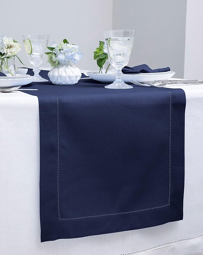 Solino Home Linen Navy Blue Table Runner 90 Inches Long - 100% Pure Linen Hemstitch 14 x 90 Inch Table Runner for Dining, Fall, Autumn, Thanksgiving, Christmas - Classic Hemstitch