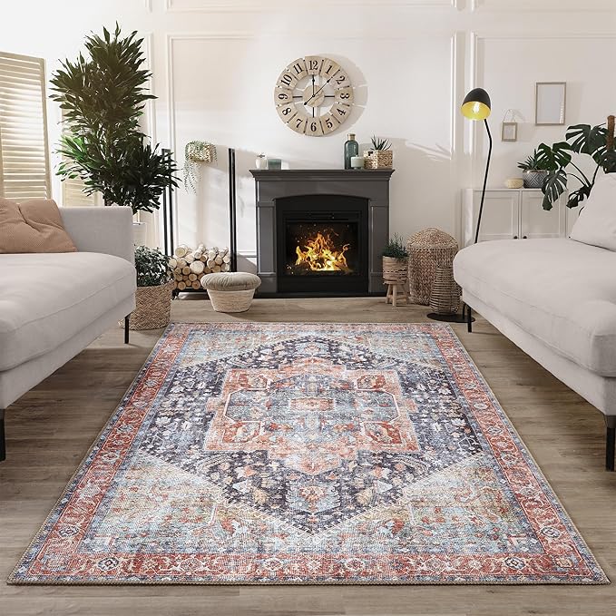 Bloom Rugs Washable Non-Slip 3' x 5' Rug - Terracotta/Blue Traditional Medallion Area Rug for Living Room, Bedroom, Dining Room, and Kitchen - Exact Size: 3' x 5'