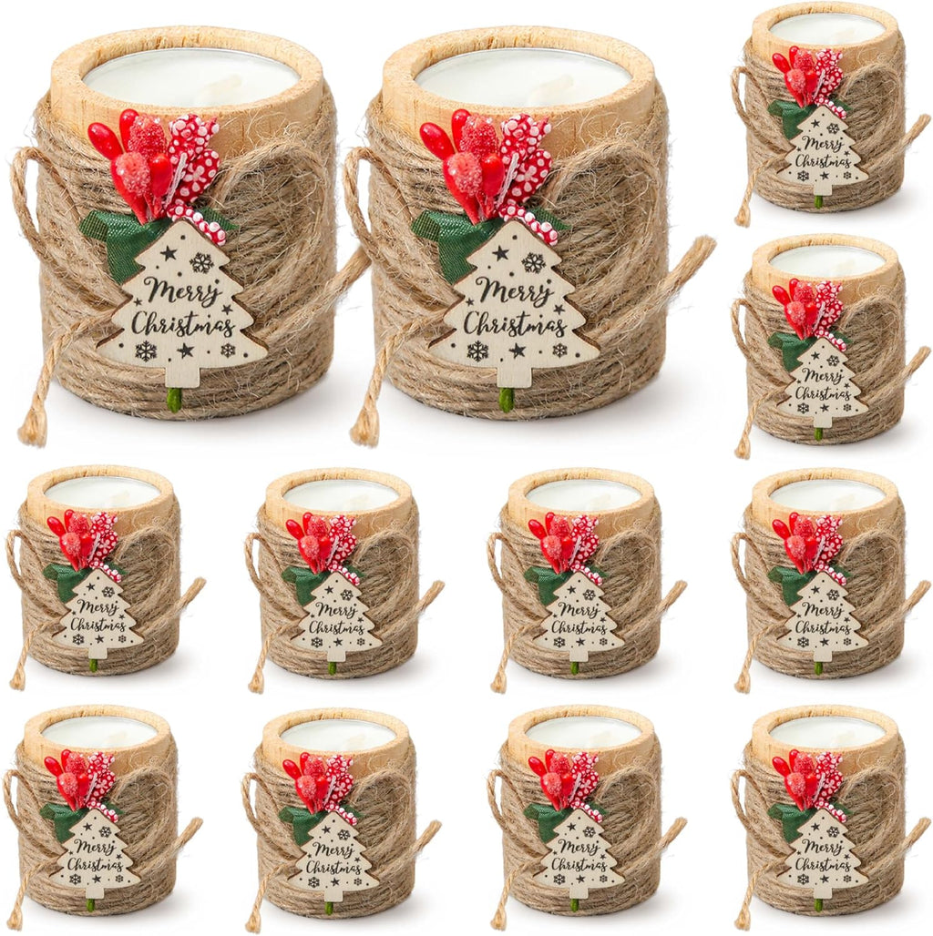 12 PCS Wooden Candle Holders with Candles, Christmas Party Favors with Jute Rope, Holiday Tealight Holders for Table Centerpieces, Home Decoration, Stocking Stuffers