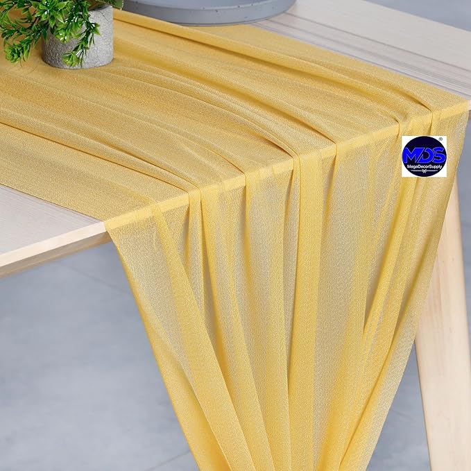 MDS 2 Pack 14ft Chiffon Table Runner 29 x 170 Inches Sheer Wedding Runner Romantic Rustic Table Runner for Wedding Decorations, Birthday Parties, Bridal Shower Party Arch Decor - Gold