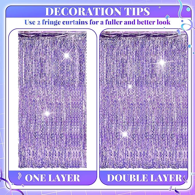 Jutom 6 Pieces 3.3 x 6.6 ft Wavy Tinsel Foil Fringe Curtains Foil Fringe Streamer Backdrop Party Curtain for Sea Mermaid Baby Shower Birthday Party Decoration(Purple)