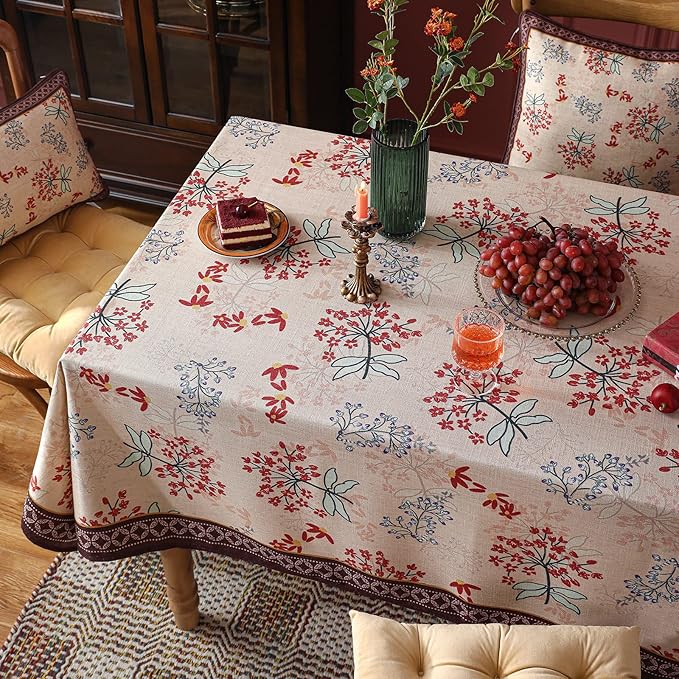 patdrea Designer French Linen Rectangular Table Cloth,Vintage Red Floral Fall Tablecloth,Breathable Dacorative Cover for Kitchen Dining,Tea Party,Christmas,Thanksgiving,Holiday,55"x87"-Newmari