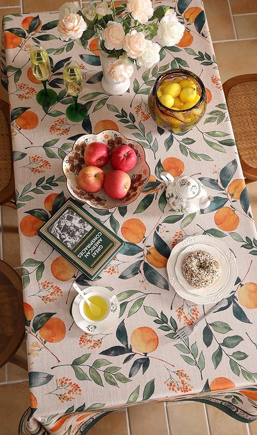 patdrea Designer Vintage Linen Long Rectangle Table Cloth,Framhouse Oranges and Leaves Pattern French Tablecloth,Fall Decor Cover for Kitchen Dining Christmas,Thanksgiving,63"x102"-Palladin a