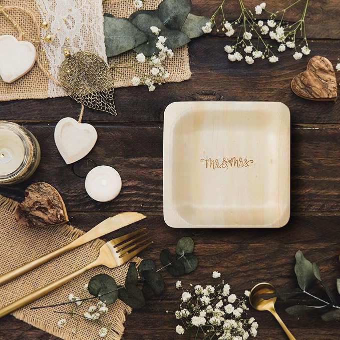 Mr. and Mrs. Disposable Wedding Plates – Rustic, Compostable Alternative to Plastic Plates for Wedding Receptions, Engagement Parties, and Rehearsal Dinners (Appetizer, 50-Pack)