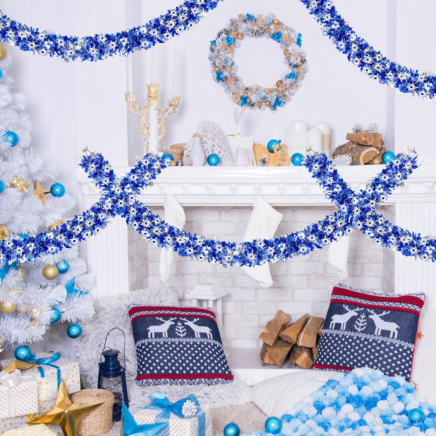 Palonu 50 Feet Hanukkah Decorations Tinsel Garland Glitter Twist Garland Metallic Menorah Ornaments Blue Metallic Streamers with Silver Star, Indoor Outdoor Chanukah Decorations Home Party Supplie