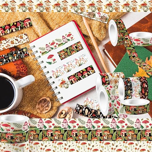Adirasenotek 12 Rolls Mushroom Washi Tape Set,Vintage Washi Tape Decorative Paper Stickers Decorative Tape,DIY Art Crafts Wrapping Decor for Gifts Wrapping