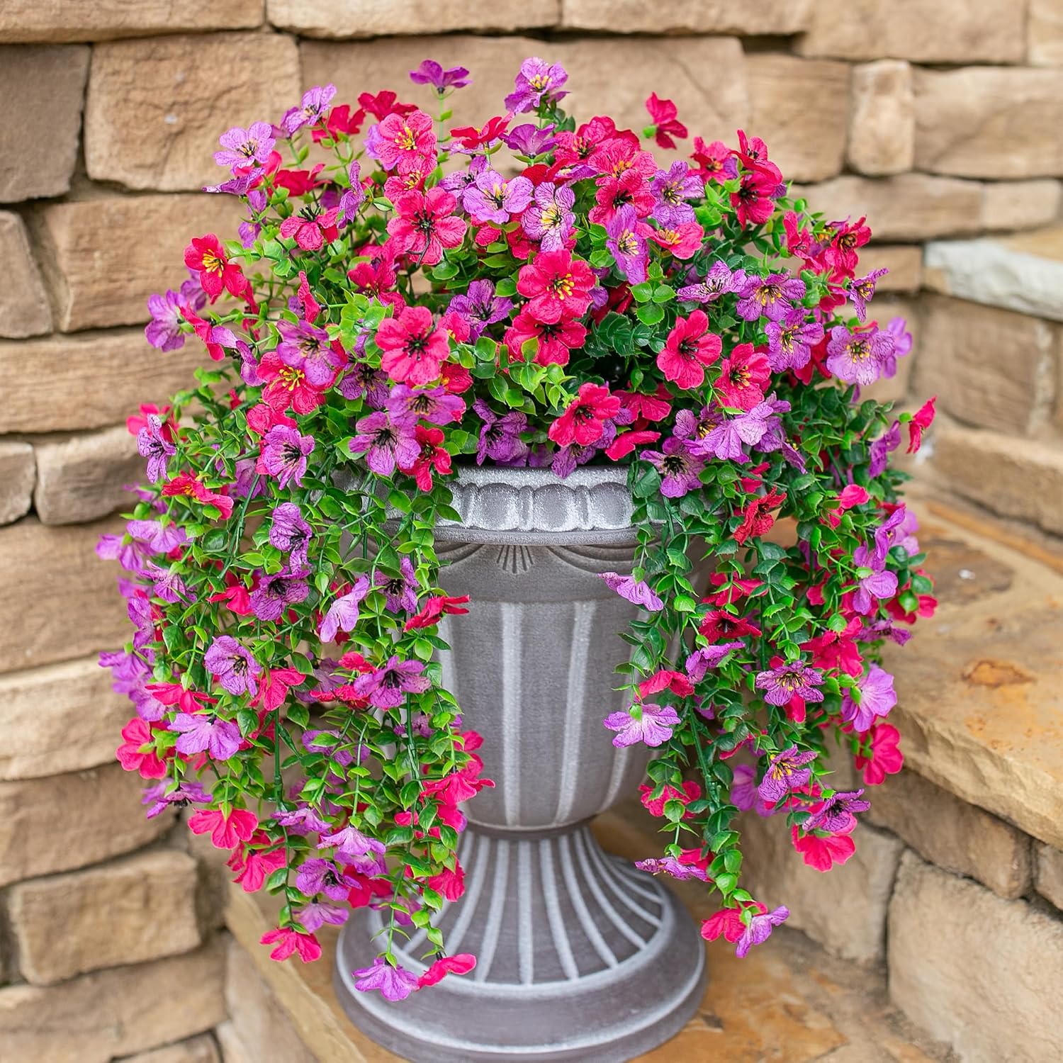 HyeFlora 2Pcs Fake Flowers Artificial Floral for Outdoors Decorations, Outside Flower Decor, UV Resistant Silk Flower for Front Porch Patio Garden(Purple and Hotpink)