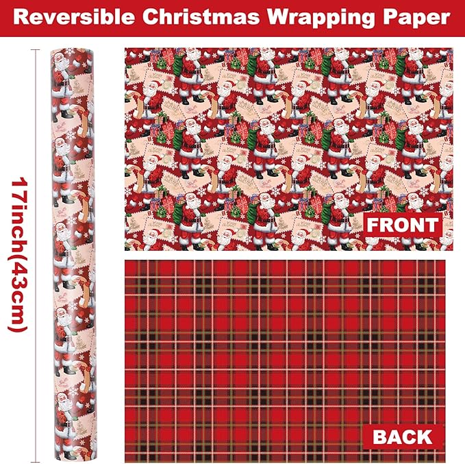 Ulmasinn Reversible Christmas Wrapping Paper Roll - 17" x33ft Double-Sided Designs with Santa and postcard & Plaid for Xmas Gift Wrap for Presents, Table Decor & Crafting