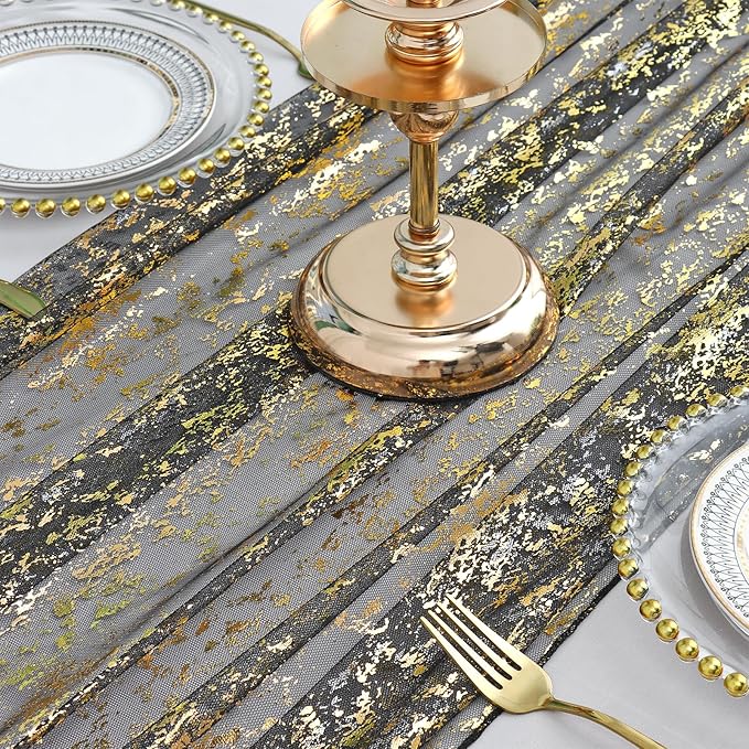 LOMOHOO 10 Ft Black Table Runner, Black Sheer Sequin Table Runners 120 Inches Long Glitter Metallic Foil Lace Fabric Table Decor for Birthday Party Wedding Anniversary Centerpiece (1pcs)