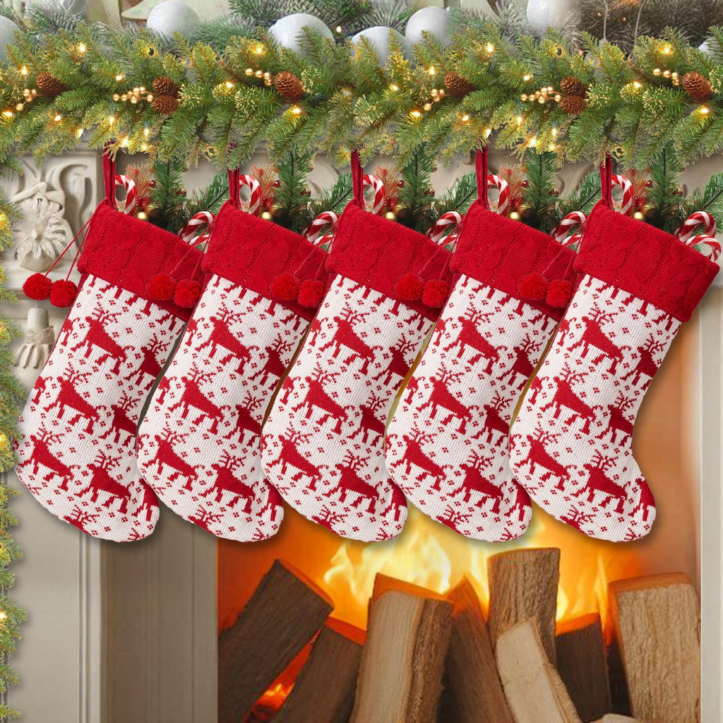 Christmas Stocking With Pom Pom,18” Large Cable Knitted Stocking,Family Christmas Stocking For Kids,Xmas Holiday and Family Stocking For Fireplace,Christmas Holiday Party Decor(Reindeer, 5pcs)