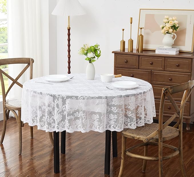 LinenZone White Round Tablecloth for Rustic Vintage Decor. Sheer Lace Table Cloth Works Great As Wedding Tablecloth or Thanksgiving Table Cover. (Mia 60 Round, White)