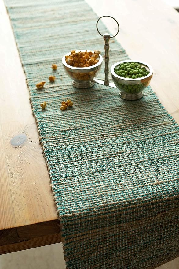 Chardin home Natural Jute Table Runner 13x90 Inch – Vintage Boho Rustic Table Decor – Handwoven Table Runner in Natural Jute and Aqua Turquoise – Farmhouse Dining or Console Table Accent