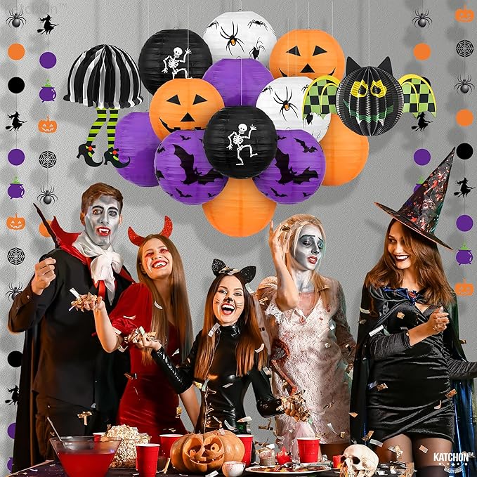 KatchOn, Halloween Hanging Paper Lanterns Set - Pack of 15 | Halloween Paper Lanterns, Halloween Honeycomb Decorations for Halloween Decorations | Halloween Garland for Halloween Party Decorations