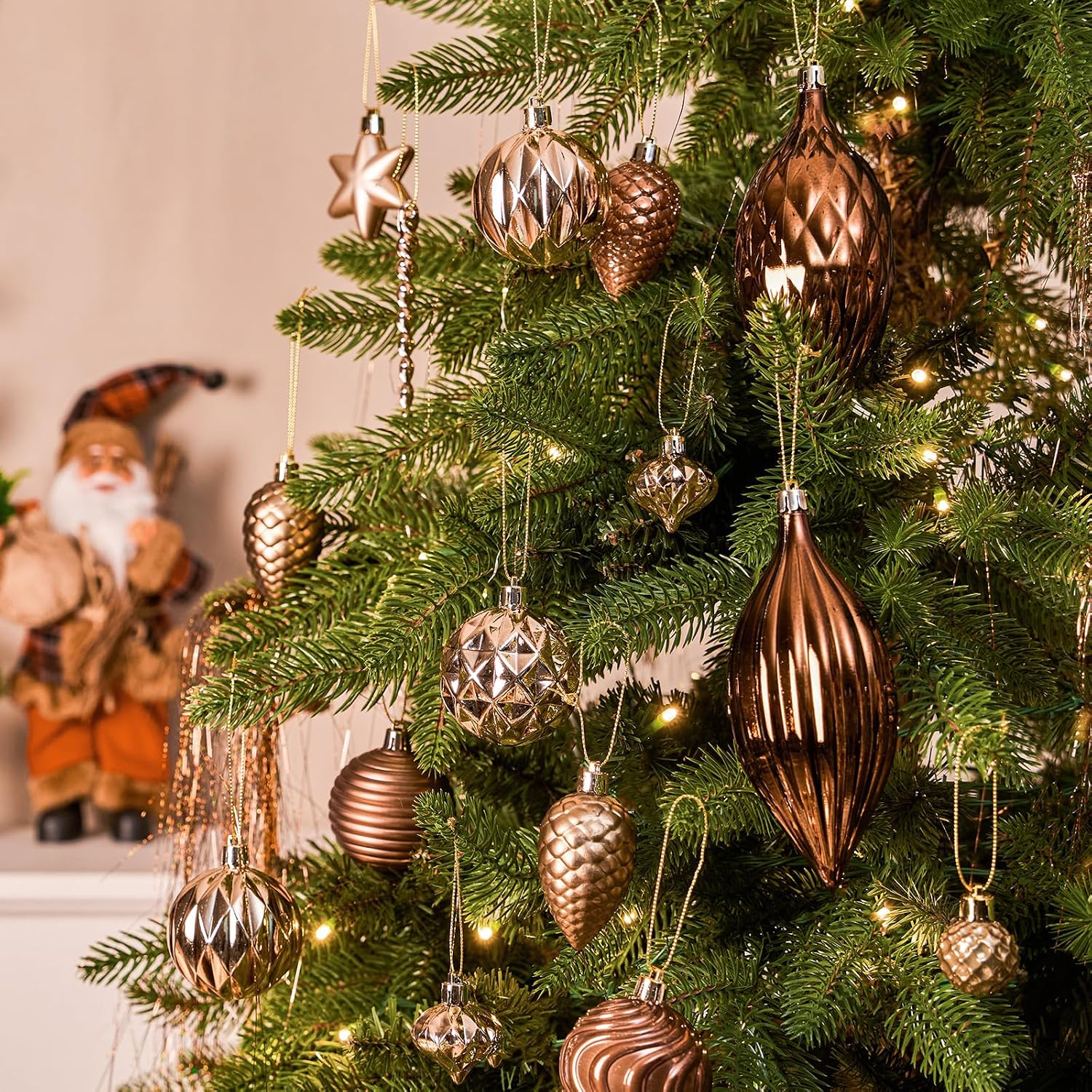 JORNOY 128-Pack Christmas Tree Ornaments Set, Classic Shatterproof Christmas Ball Ornaments Decorations - Plastic Hanging Baubles Bulk Decorative for Xmas Tree Decor Holiday Party, Brown