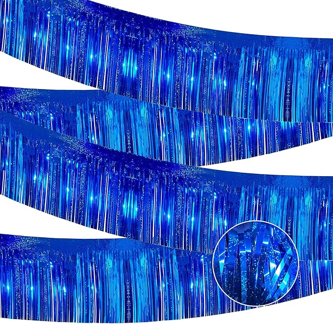 4 Pack 10 Feet Glitter Royal Blue Parade Float Decorations for Trailer Car, Glitter Foil Fringe Metallic Tinsel Streamers Banner Garland for Graduation Weeding Homecoming Birthday Party(Glitter-Blue)