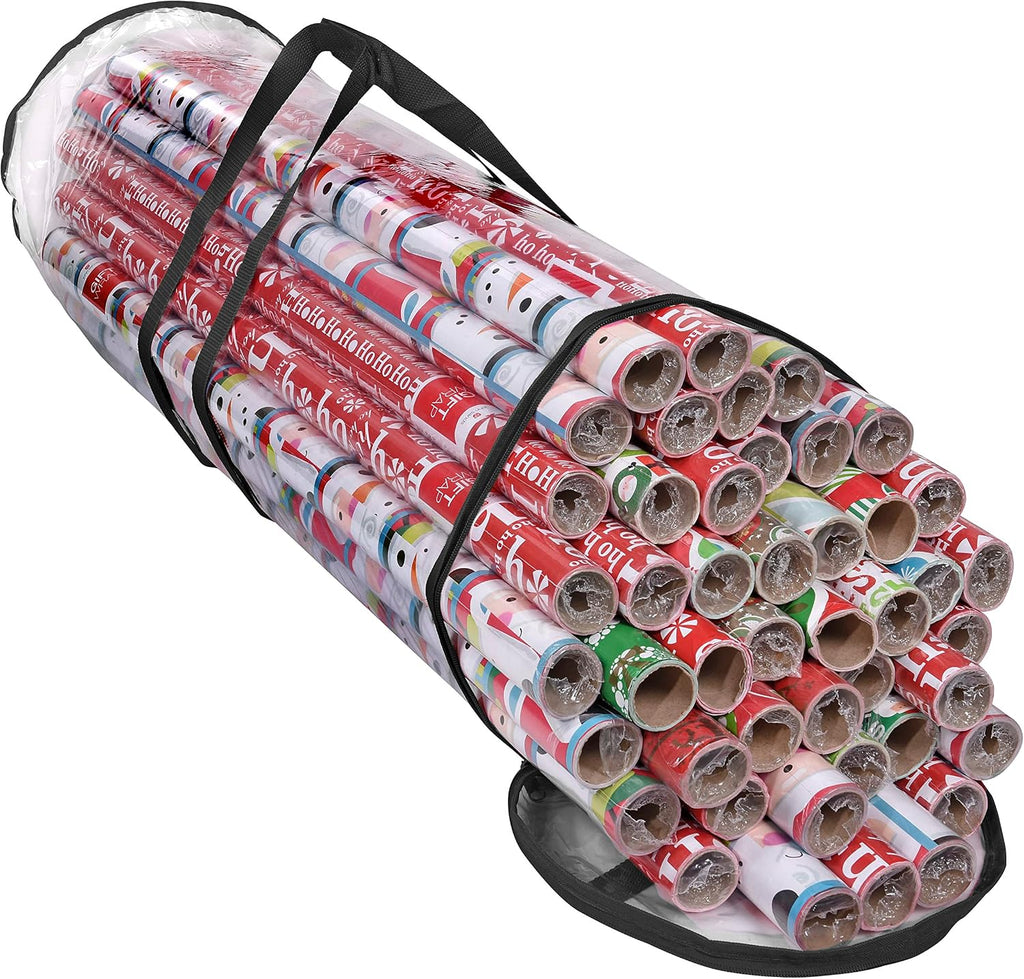Wrapping Paper Storage Bag, Gift Wrap Organizer, Fits 40 Inch Long Rolls, Hold Up to 24 Rolls, Heavy Duty Clear PVC Bag with Top and Side Handles (Black)