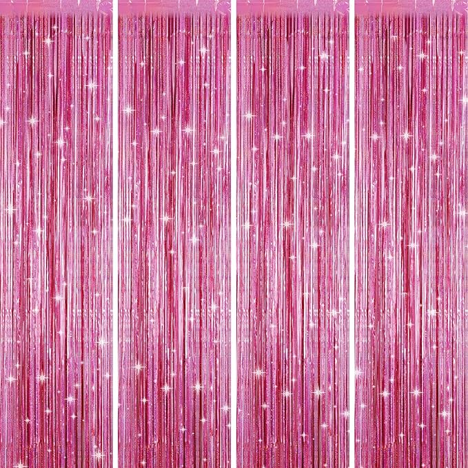 Picoway 4 Pack Pink Foil Fringe Tinsel Backdrop Curtains, Birthday Engagement Bachelorette Party Decorations, Photo Booth Props Door Streamers Curtain