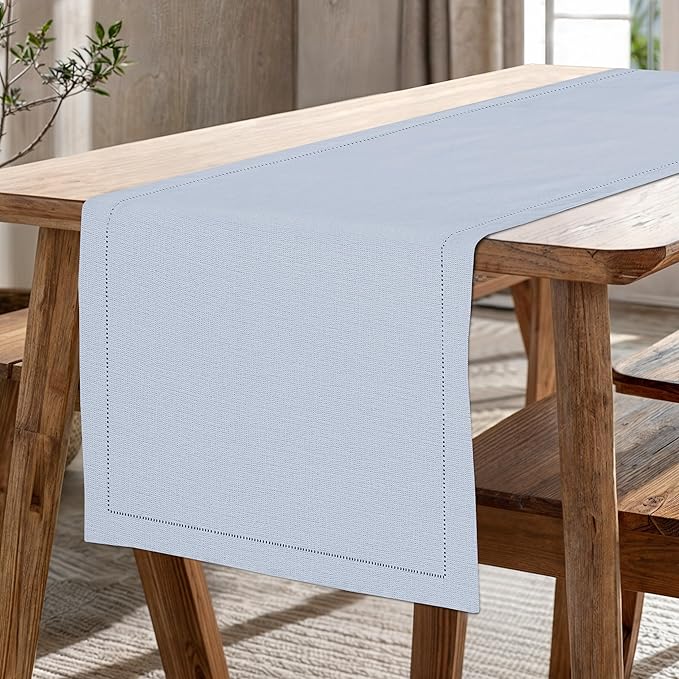 Ruvanti Linen Table Runner 120 Inches, Classic Hemstitch, Washable, Reusable, Non-Slipping, Stain Resistant- Perfect for Parties, Weddings, Dinners, Thanksgiving, Christmas, Indoor use – Arctic Ice