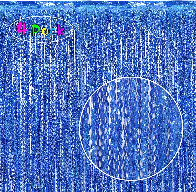 4 Pack 3.3 ft x 6.6 Wavy Sparkle Dark Blue Foil Fringe Backdrop Curtain - Navy Blue Streamer Backdrop Tinsel Curtains for Door Streamers Ocean Birthday Party Decorations Disco Party