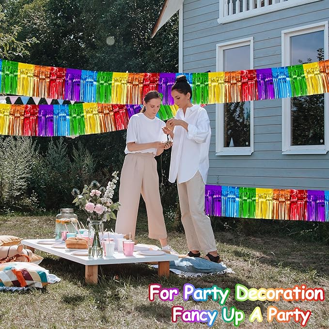 4 Pack 10 Feet Colorful Foil Fringe Garland Rainbow Tinsel Streamers Banner Fringe Curtain Banner for Parade Floats Graduation Homecoming Carnival Birthday Pride Party Decor (Rainbow)